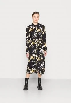 Anna Field SHIRT COLLAR MIDI BELTED DRESS - Vestido Camisero - Black/yellow/white, Mujer
